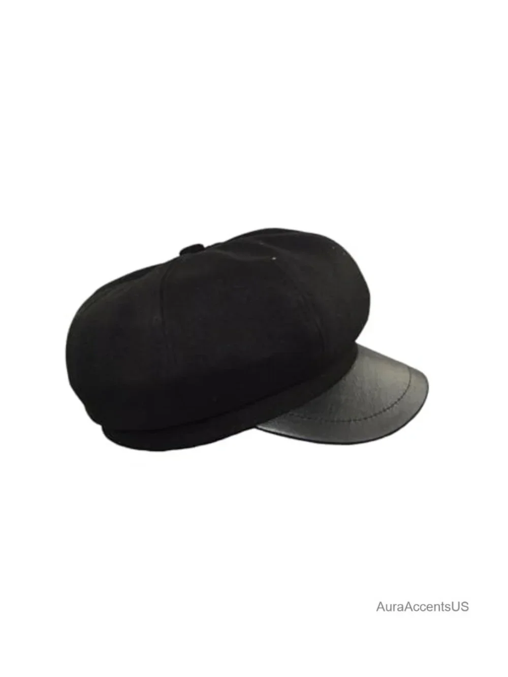 Wool Blend Newsboy Cap PU Leather Brim 8 Panel Cabbie Hat